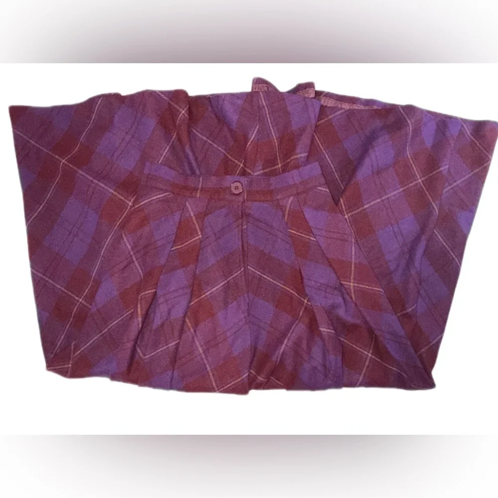 Vintage 1987 Thermo Jac Pleated Wool Plaid Midi Skirt Burgundy Purple Size 6